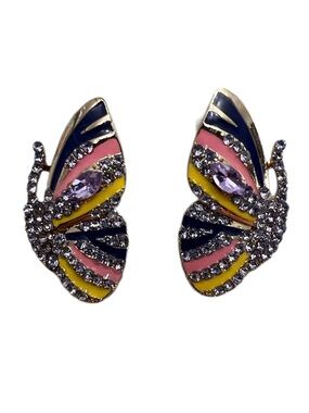 JTV Colorful Butterfly Crystal Stud Earrings - Pink, Yellow & Navy